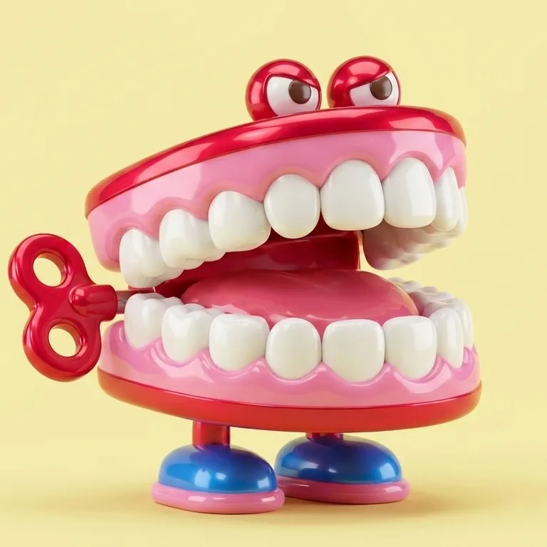 Muela Loca: dentadura completa tipo juguete a cuerda, con patitas.