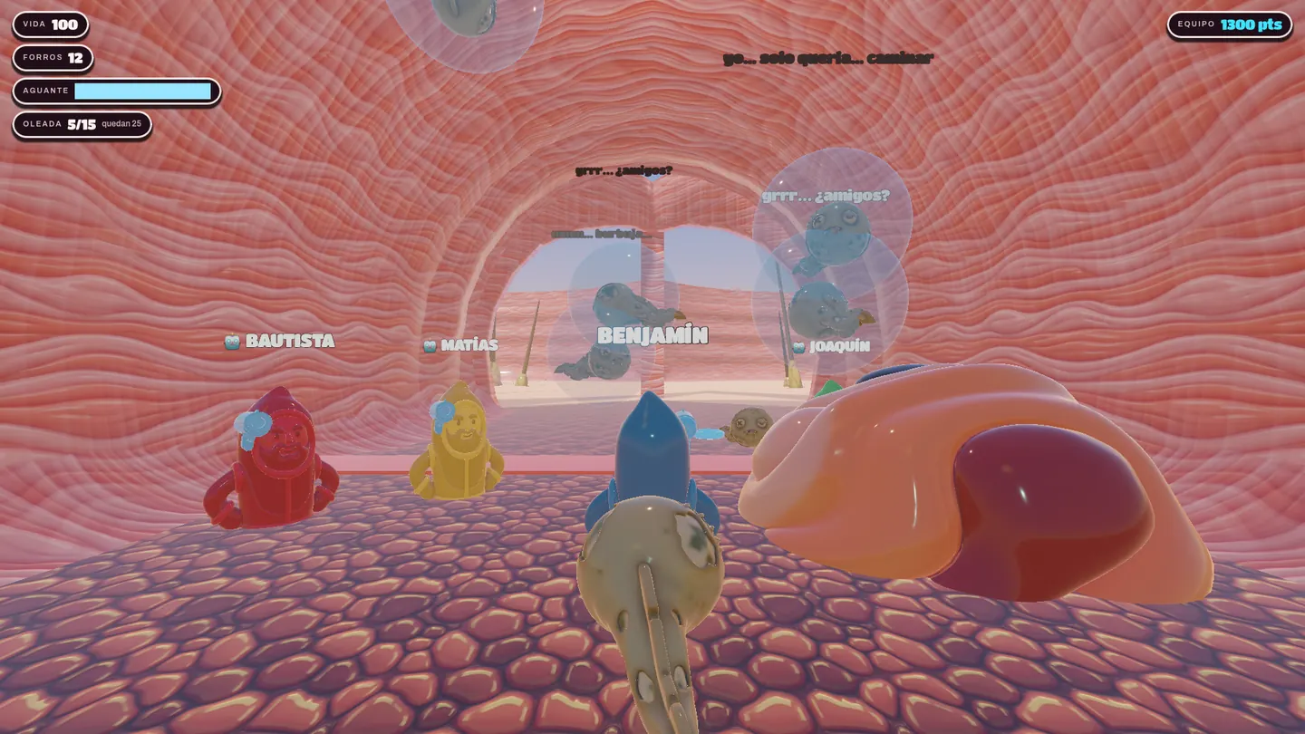 Captura de gameplay: enemigos envueltos en burbujas de látex con sus últimas palabras en pantalla.