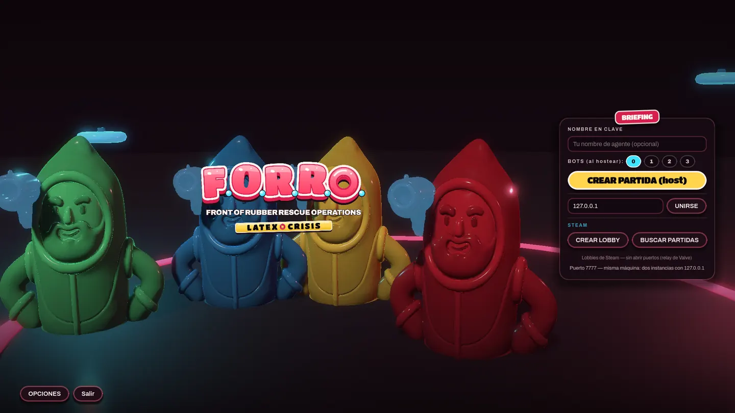 Captura del menú principal del juego con el logo de F.O.R.R.O.: Latex Crisis.